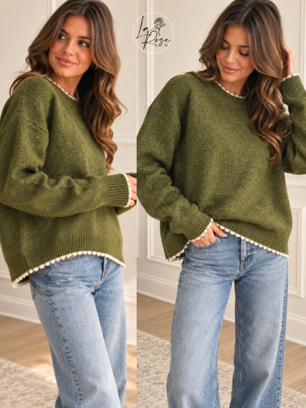 Taryn Contrast Knit Scalloped Edge Sweater | Women's Olive Green Winter Top